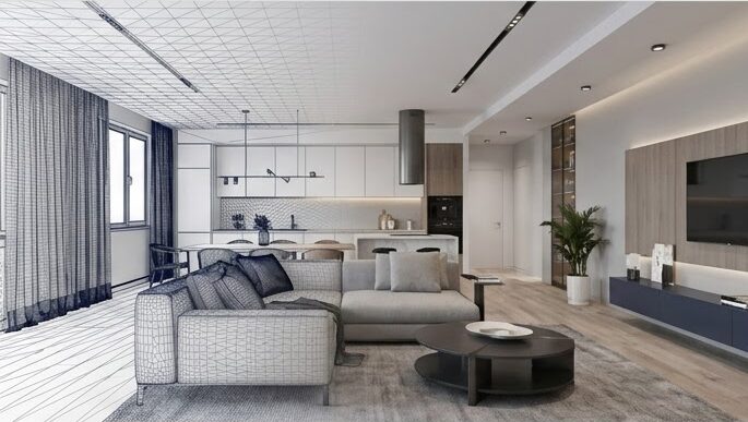 Salón y cocina de una vivienda: la mitad izquierda en modelo 3D de malla y la derecha en render fotorrealista.