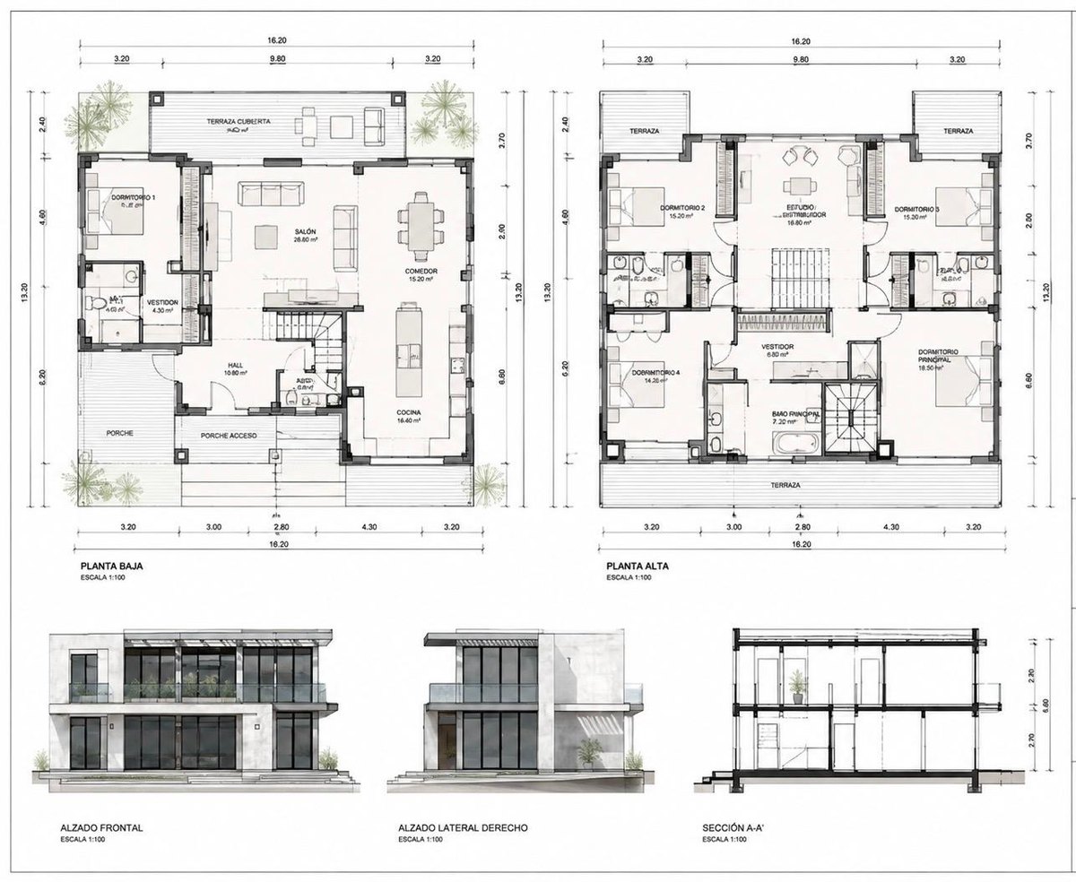 Documentación técnica de una vivienda: plantas baja y alta acotadas, alzados frontal y lateral y sección, a escala 1:100.