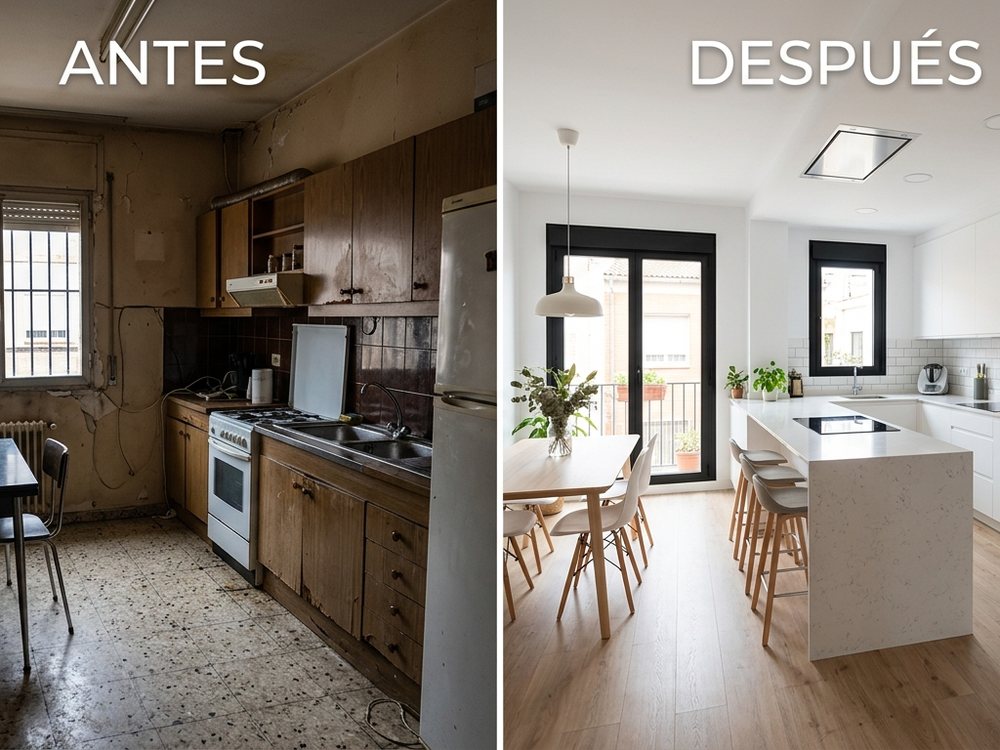 Comparativa antes y después de la reforma de una cocina: a la izquierda el estado original con muebles de madera deteriorados, a la derecha la cocina reformada con isla, office y acabados en blanco y madera clara.